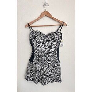 TROPICAL ESCAPE WOMENS BLACK & WHITE GEOMETRIC SKATER SWIM DRESS FLOWY SIZE 14